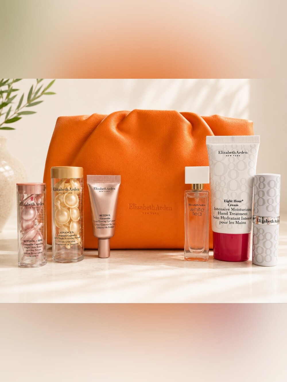 Elizabeth Arden Orange Gathered Cosmetic Pouch with Skincare & Fragrance Minis